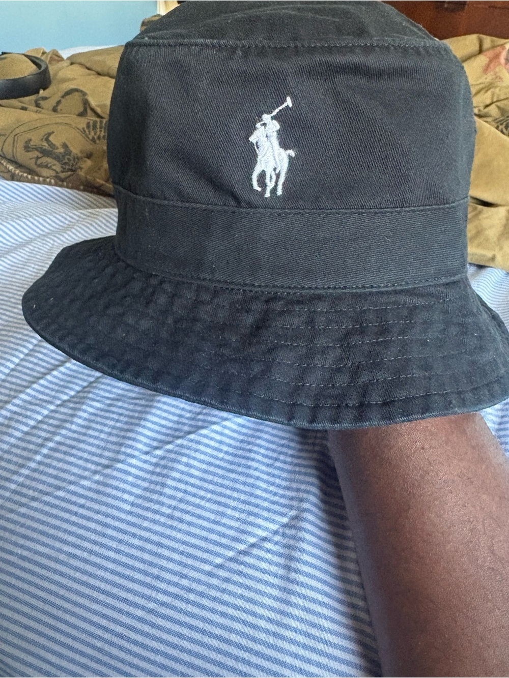 Ralph Lauren Black Bucket Hat with Light Blue Trim
